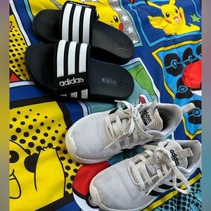 Adidas White Mesh Sneakers and Black Slides